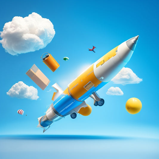 A stylized illustration of a rocket ship blasting off, surrounded by subtle eCommerce elements like shopping carts, packages, and laptops, set against a bright blue background with fluffy white clouds.