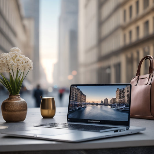 A sleek, modern laptop on a minimalist desk, surrounded by shopping bags and products, with a cityscape or storefront blurred in the background, conveying e-commerce success.