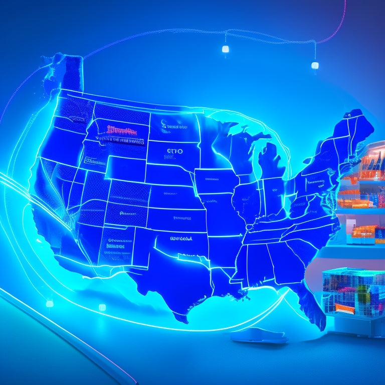 A vibrant illustration of a North American map with glowing blue lines and nodes connecting major cities, surrounded by e-commerce icons, such as shopping carts and packages, in a modern, tech-inspired aesthetic.