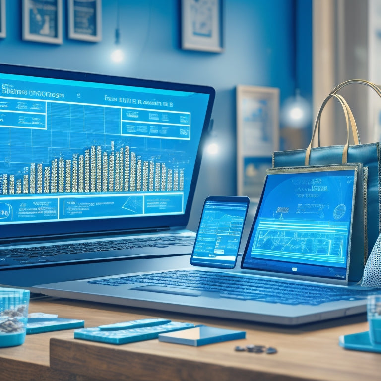 An illustration of a laptop and tablet displaying a digital storefront, surrounded by upward-trending graphs, shopping bags, and coins, set against a bright blue background with subtle circuit board patterns.