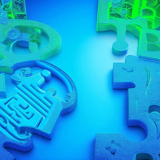 An abstract illustration featuring a stylized key unlocking a puzzle piece, surrounded by swirling shapes and lines that morph into a growing graph, set against a bright blue and green gradient background.