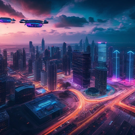 A futuristic cityscape at dusk with sleek skyscrapers and neon lights, featuring robotic shopping carts and drones zooming past, surrounded by swirling clouds of 1s and 0s, amidst a backdrop of circuit boards.