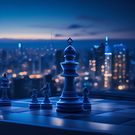 A chessboard with a small, determined ecommerce seller figurine outmaneuvering a massive, looming Amazon Marketplace pawn, set against a dark blue background with subtle, glowing cityscape outlines.