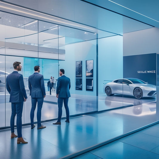 A futuristic, sleek car showroom with holographic displays and augmented reality interfaces, surrounded by minimalist white walls and floors, with a few people in the background interacting with the technology.