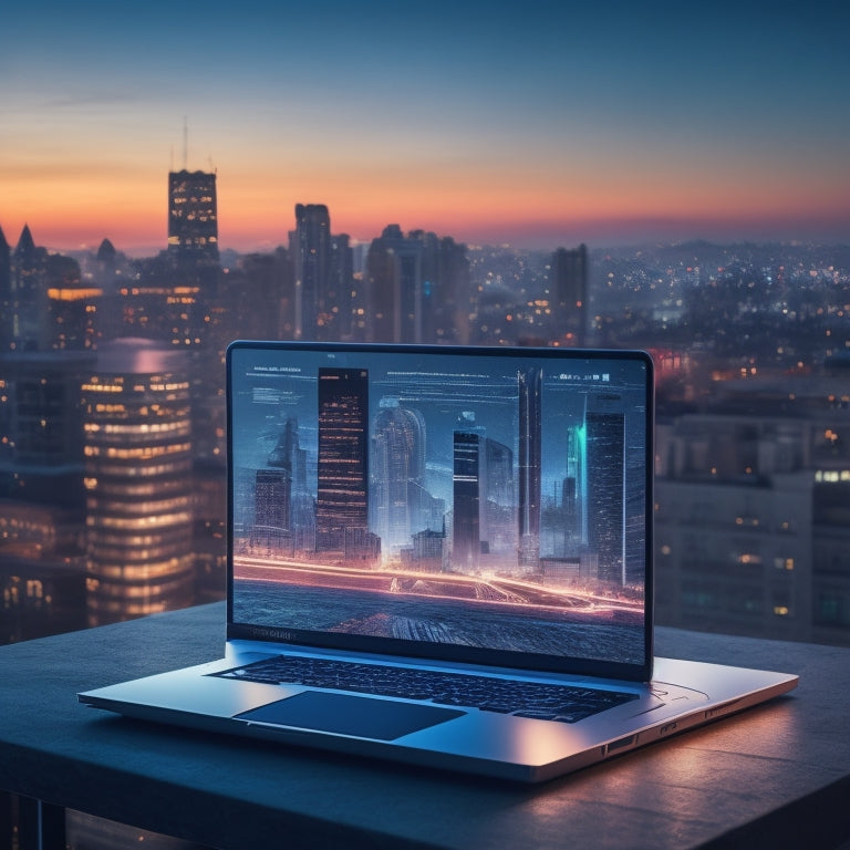 A minimalist illustration of a laptop with a glowing screen, surrounded by floating digital files and folders, with a subtle cityscape or futuristic background, conveying speed, convenience, and innovation.