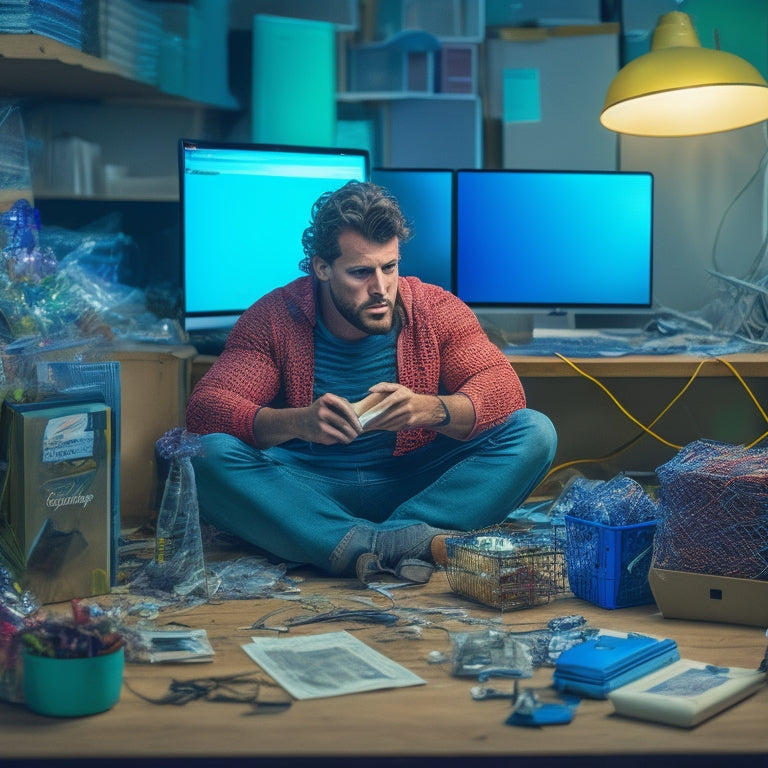 A frustrated online merchant sitting in front of a cluttered desk with a broken computer, tangled wires, and error messages on the screen, surrounded by abandoned shopping carts and crushed packaging boxes.