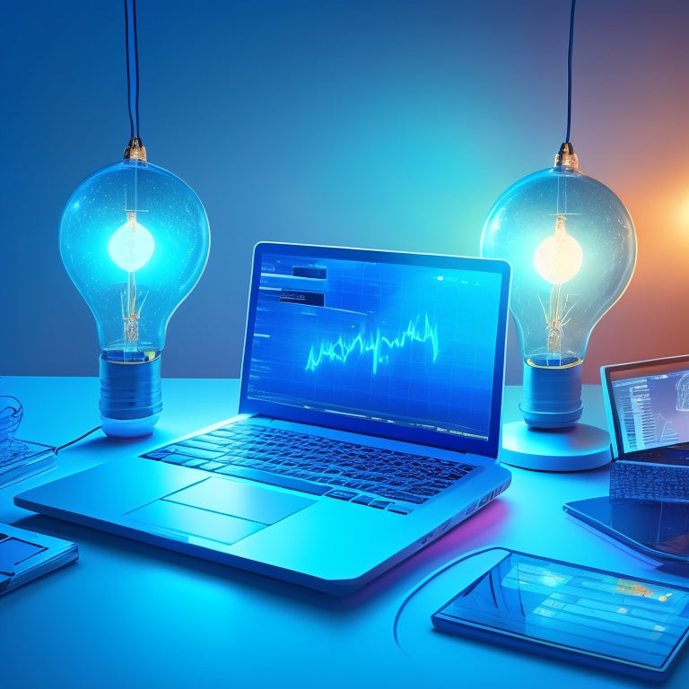 A stylized illustration of a laptop and tablet surrounded by bursting lightbulbs, coins, and rising graphs, set against a gradient blue background, conveying digital success and profit.