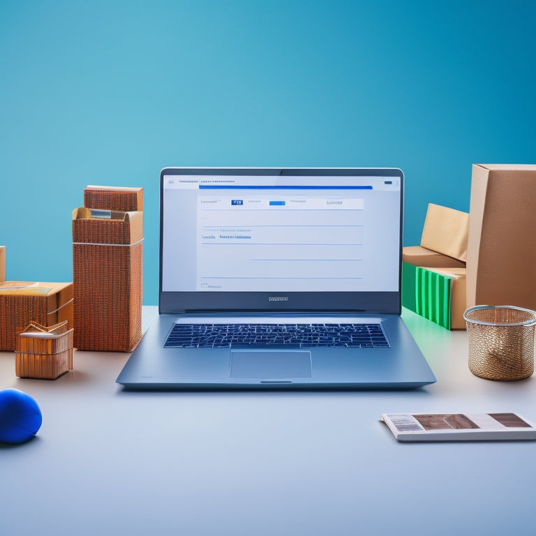 A minimalist illustration of a laptop displaying an e-commerce website, surrounded by various online shopping icons, such as a shopping cart, credit card, and delivery truck, set against a subtle grid background.