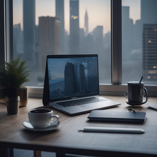 A minimalist desk with a sleek laptop, a cup of steaming coffee, and a few scattered notes, surrounded by various devices and gadgets, with a blurred cityscape or coding lines in the background.