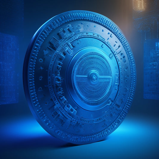 A shield with a lock icon at its center, surrounded by a circle of interconnected gears, on a dark blue background with subtle binary code patterns, illuminated by a faint blue glow.