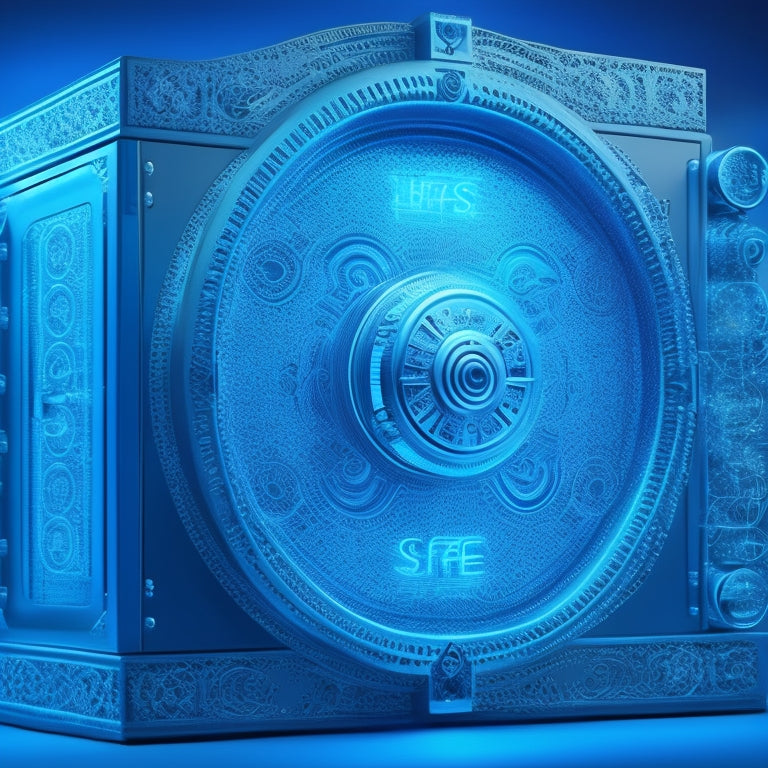 A futuristic, high-tech illustration of a digital safe with glowing blue circuits, surrounded by swirling patterns of 1s and 0s, with five distinct, interconnected locks in the center, each with a different encryption symbol.