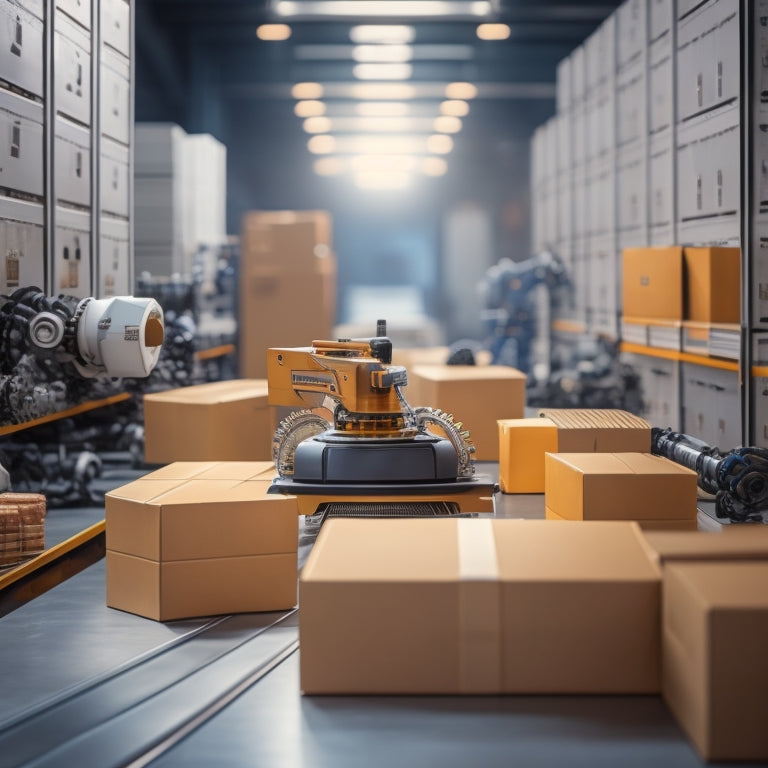 A futuristic, minimalist illustration featuring a robotic arm efficiently packaging boxes on a conveyor belt, surrounded by gears, cogs, and sleek, modern machinery.