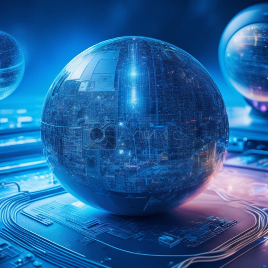 A futuristic, high-tech background with sleek, silver servers and wires, featuring a large, glowing blue orb with a puzzle piece fitting into place, surrounded by scattered circuit boards and tiny computer chips.