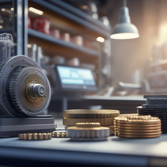 An illustration of two interconnected gears, one with a store shelf in the center and the other with a cash register, surrounded by subtle hint of a supply chain in the background.