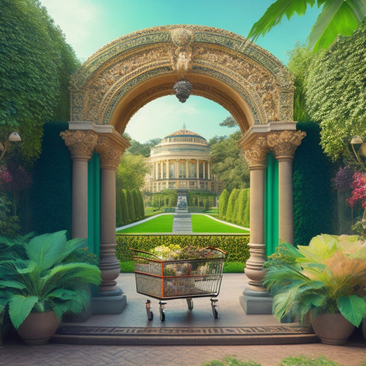 An illustration of a grand, ornate gateway with a shopping cart at its center, surrounded by lush greenery, with a subtle ecommerce-inspired pattern in the background.