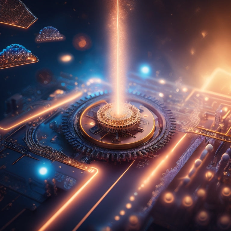 An abstract illustration featuring a stylized, glowing arrow piercing through a cloud of digital files, with circuit board patterns and gears visible beneath, surrounded by subtle sparks and radiating lines.