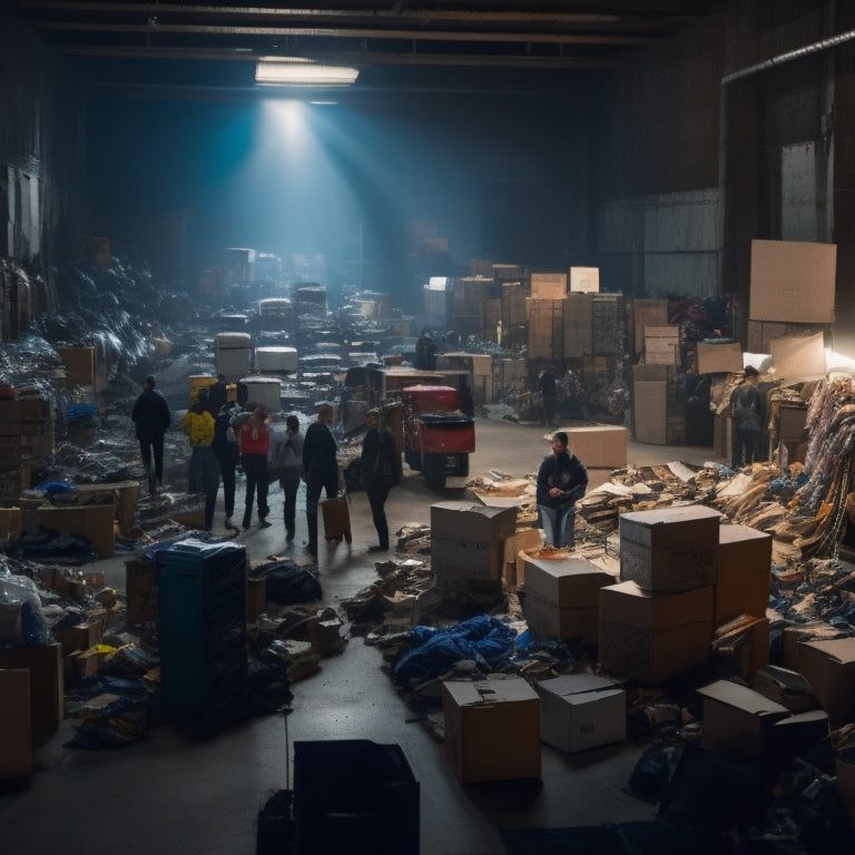 A cluttered, dimly lit warehouse filled with returned items, boxes torn and crumpled, clothes scattered, and a few lone employees overwhelmed, surrounded by chaos, with a faint glow of computer screens in the background.