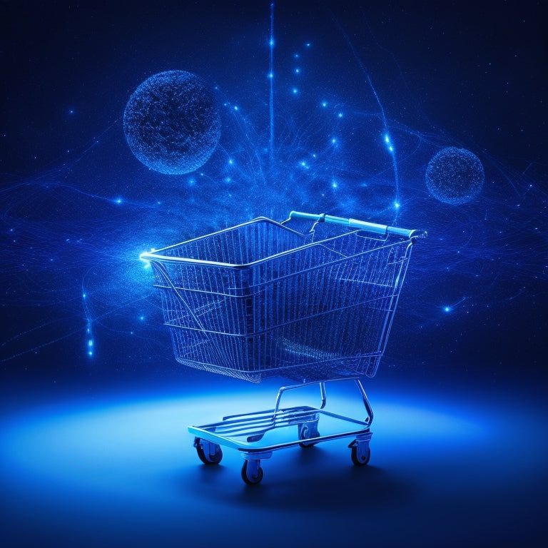 A futuristic, minimalist illustration featuring a large, glowing shopping cart at its center, surrounded by orbiting smartphones, laptops, and tablets, all connected by swirling lines and nodes, set against a dark blue background.