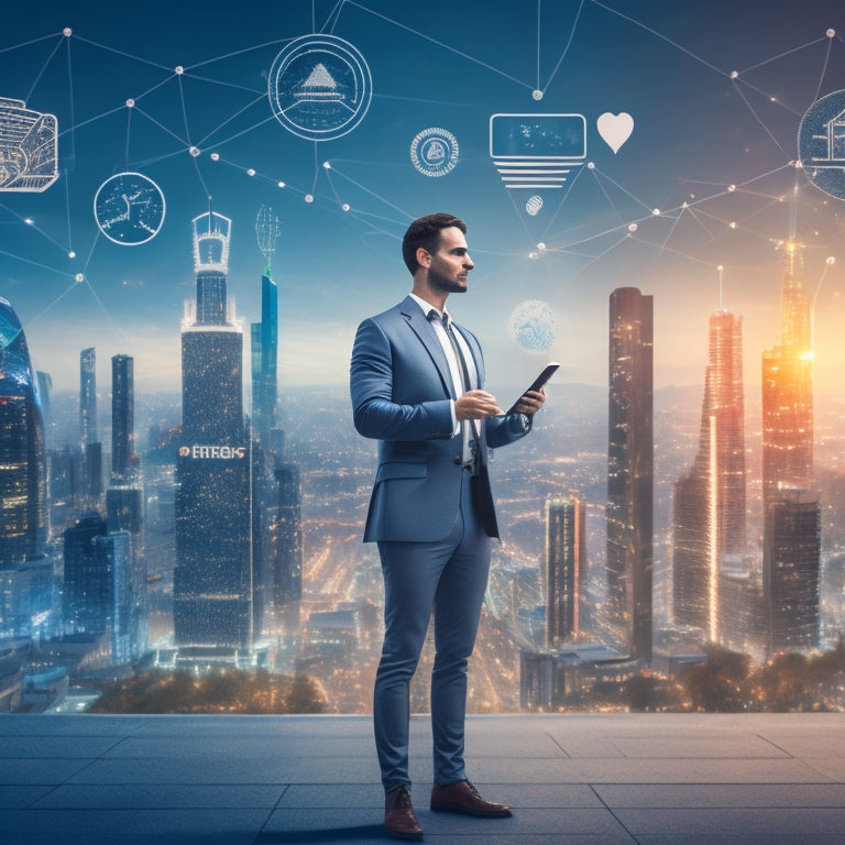 An illustration of a merchant standing in front of a cityscape with various digital icons and symbols (e.g. Wi-Fi signals, smartphones, laptops, and credit cards) orbiting around them, conveying a sense of connection and control.