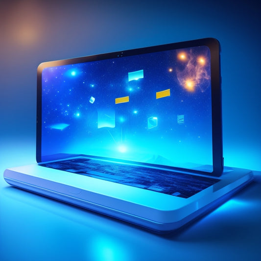 A futuristic, minimalist illustration featuring a tablet displaying the Square Online interface, surrounded by floating digital products (e.g., ebooks, courses, software) with glowing, swirling particles.