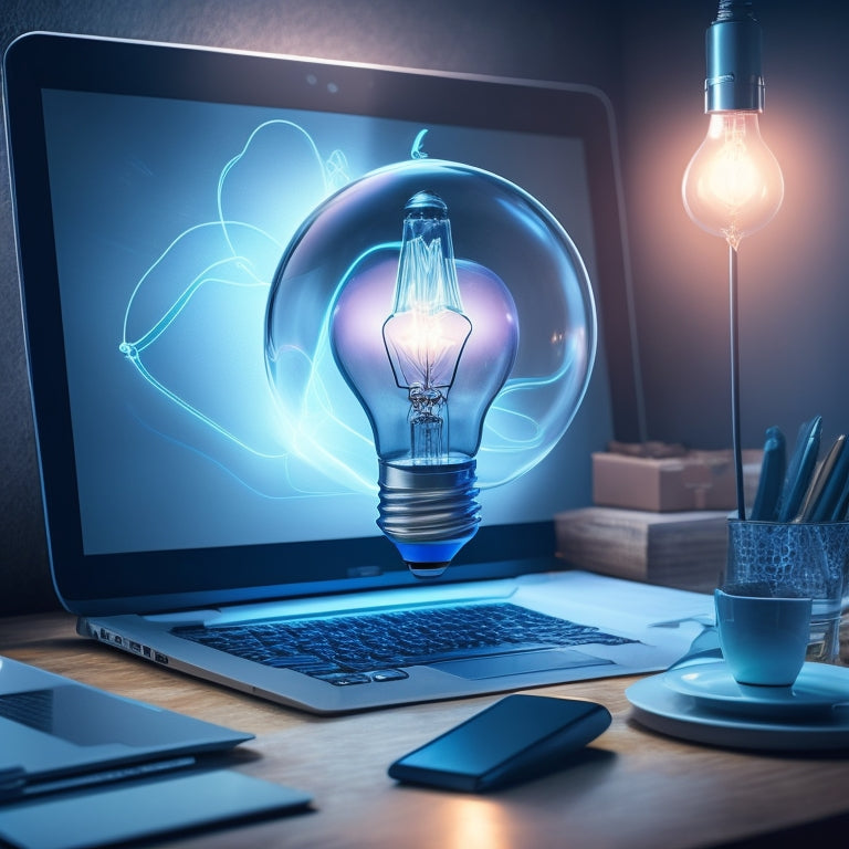 A stylized, modern illustration depicting a lightbulb moment above a laptop, surrounded by swirling lines and shapes in shades of blue, symbolizing innovation and e-commerce growth.