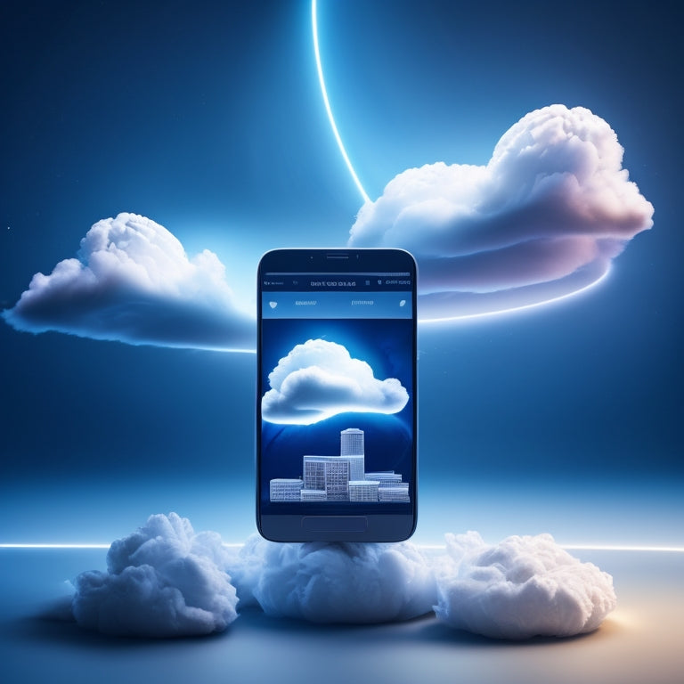 A futuristic, minimalist illustration of a smartphone displaying a stylized online shopping platform, surrounded by swirling clouds of data and glowing virtual shopping bags, set against a deep blue background.