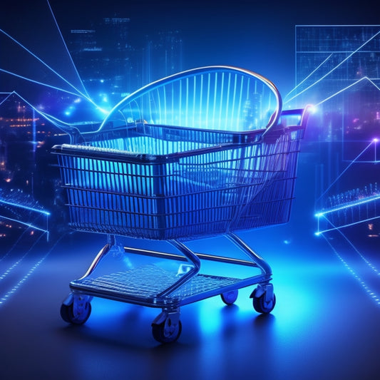 A futuristic, sleek shopping cart overflowing with diverse products, surrounded by upward-trending graphs, sparkling money symbols, and glowing blue circuits, set against a dark blue gradient background.