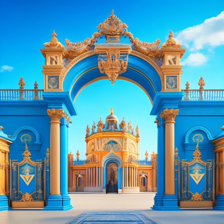 An illustration of a grand, ornate gate with Amazon's signature arrow pointing upwards, set against a bright blue background with subtle ecommerce icons, such as shopping carts and boxes, in the foreground.