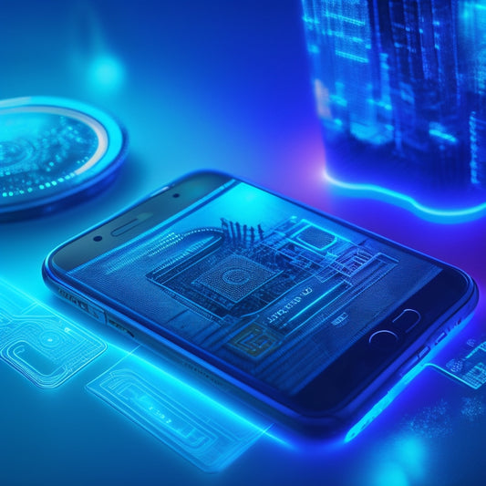 A futuristic, minimalist illustration featuring a smartphone with a glowing screen displaying a digital wallet, surrounded by swirling patterns of circuit boards and tiny credit cards, on a background of gradient blue hues.