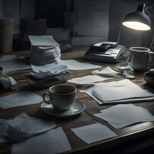 A cluttered, dimly lit office desk with crumpled papers, scattered receipts, and a few torn envelopes, with a single, worn-out Square merchant statement stuck between a calculator and a cup of cold coffee.