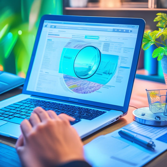 An illustration of a magnifying glass hovering above a product page on a laptop screen, with upward-trending graphs and shopping carts in the background, surrounded by subtle hints of coding and analytics symbols.