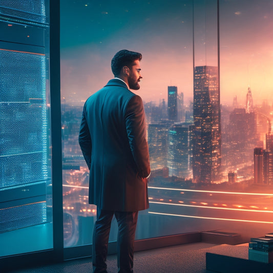 An illustration of a merchant standing in front of a large, glowing digital storefront, surrounded by swirling lines and shapes representing data and analytics, with a subtle cityscape at dusk in the background.