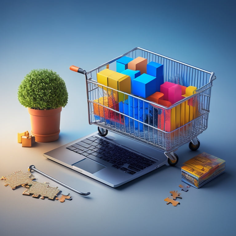 An illustration of a laptop with a shopping cart overflowing with merchandise, surrounded by puzzle pieces fitting together, with a subtle background of a growing chart or graph.