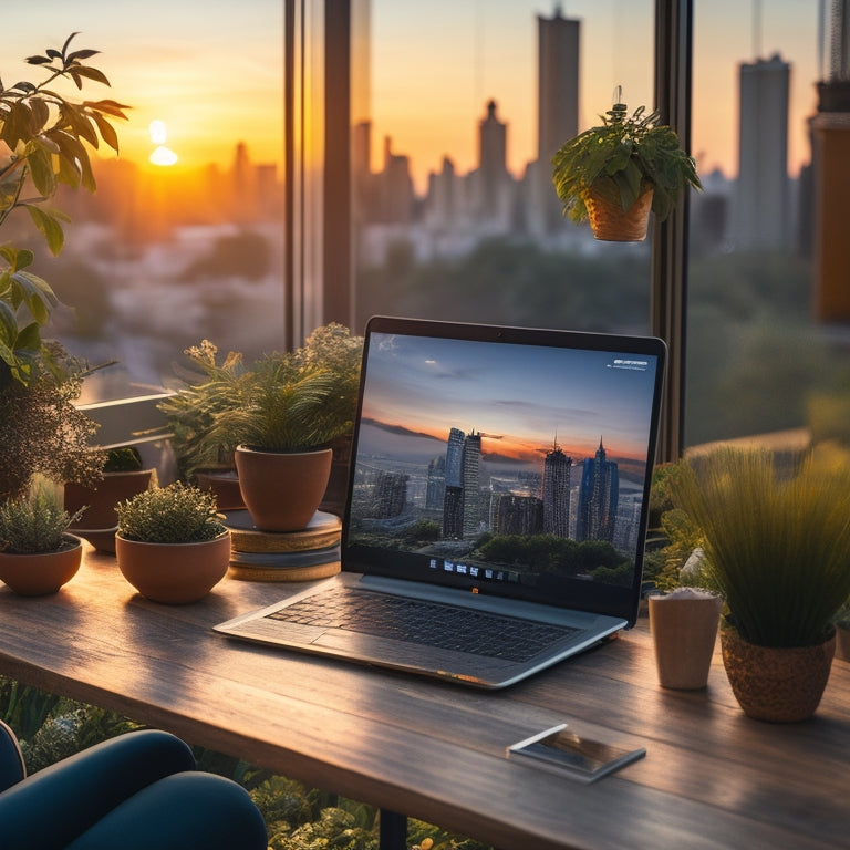 A serene, organized workspace with a laptop, a notebook, and a few scattered payment method icons (e.g., credit cards, PayPal) surrounded by calming plants, with a subtle background of a cityscape at sunset.