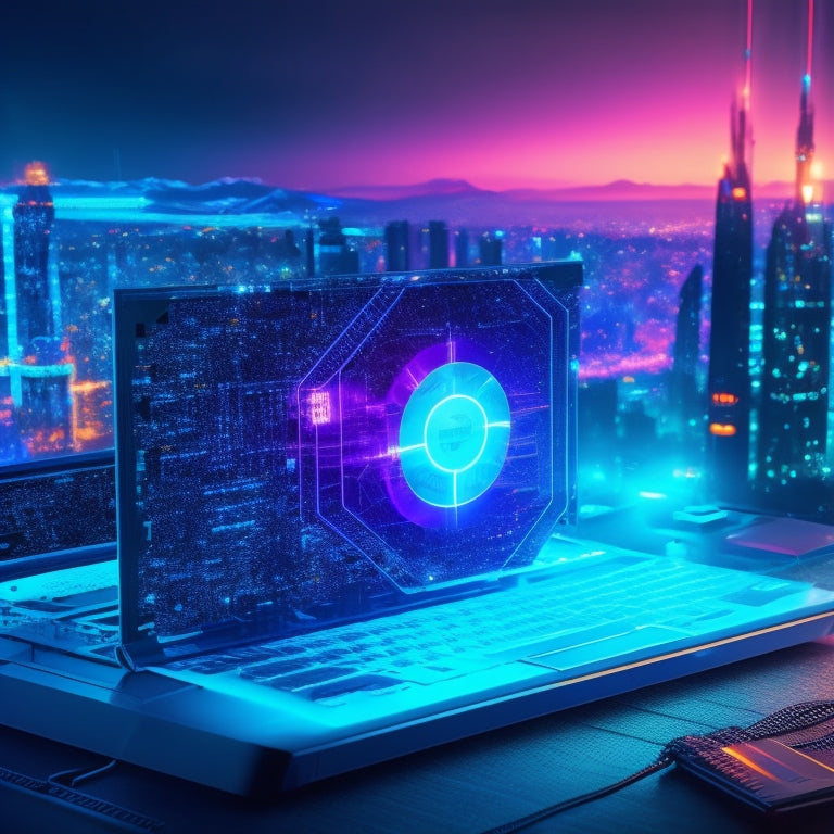 A futuristic illustration of a laptop shield protected by a force field, surrounded by glowing blue circuit boards and wires, with a subtle cityscape in the background, symbolizing online safeguarding.