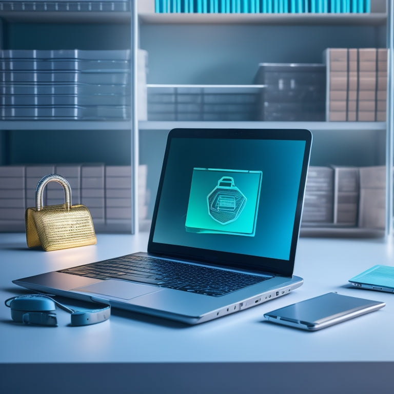 A futuristic, minimalist illustration featuring a laptop with a secure padlock on the screen, surrounded by downloading files and a subtle background of coding lines, with a hint of a shopping cart.