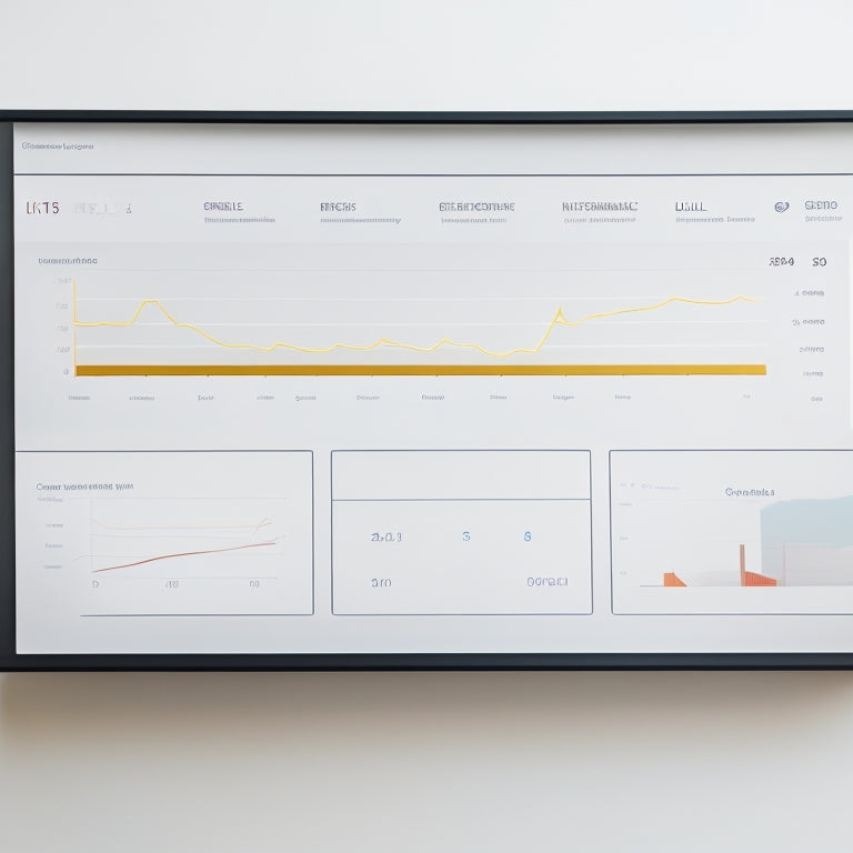 A minimalist dashboard with gauges, charts, and graphs displaying various ecommerce metrics, set against a clean white background with subtle grid lines and a faint digital product icon in the corner.