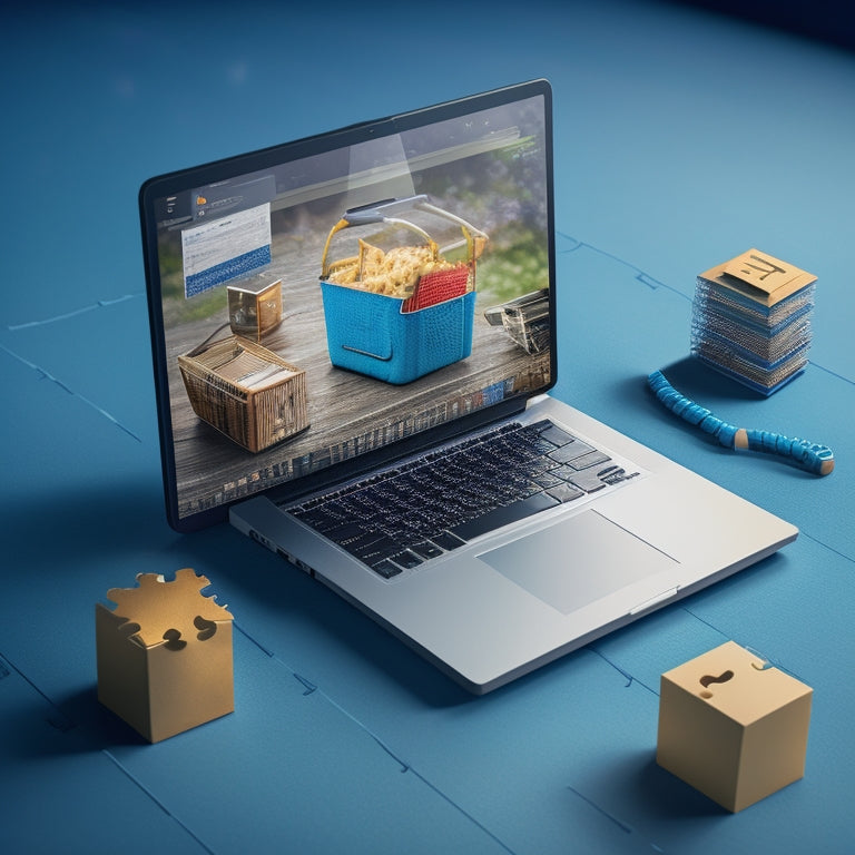 An illustration of a laptop with a shopping cart icon on the screen, surrounded by puzzle pieces fitting together, with a subtle background of digital codes and faint e-commerce icons.