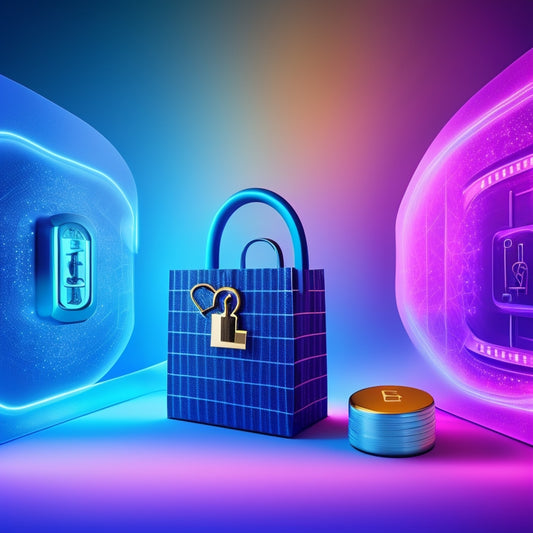A stylized, modern key unlocking a abstract, glowing ecommerce portal with shopping bags, arrows, and charts rising from it, set against a bright, gradient blue background.