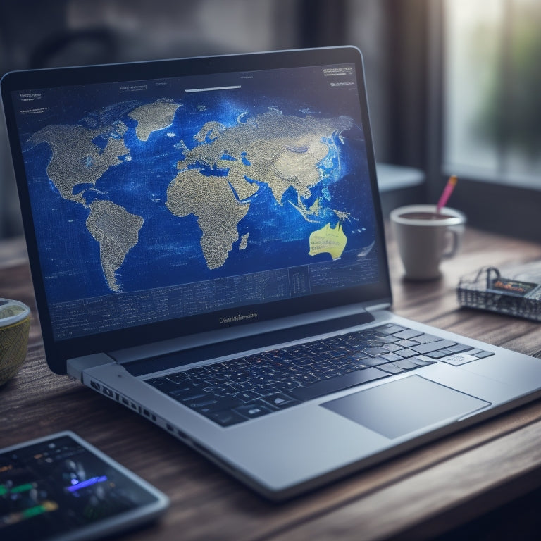 An illustration of a laptop screen displaying a graph with an upward-trending line, surrounded by various digital devices and a miniature globe, with puzzle pieces fitting together in the background.