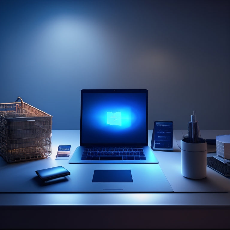 A minimalist illustration depicting a laptop on a clean desk, surrounded by various digital product icons (ebook, course, software) and a subtle shopping cart in the corner, with a subtle glow effect.