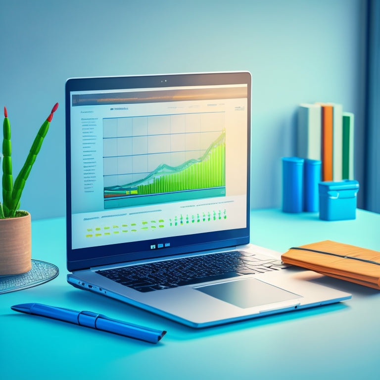 A futuristic, minimalist illustration of a laptop with a growing graph chart on the screen, surrounded by stacks of online course folders, with a subtle ecommerce shopping cart in the background.