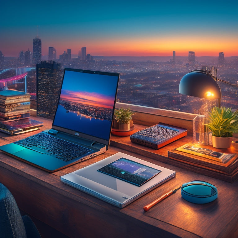 An illustration featuring a merchant's desk with a laptop and a tablet, surrounded by various digital products (e-books, software boxes, and a smartphone with a music player open), with a subtle background of a cityscape at dusk.