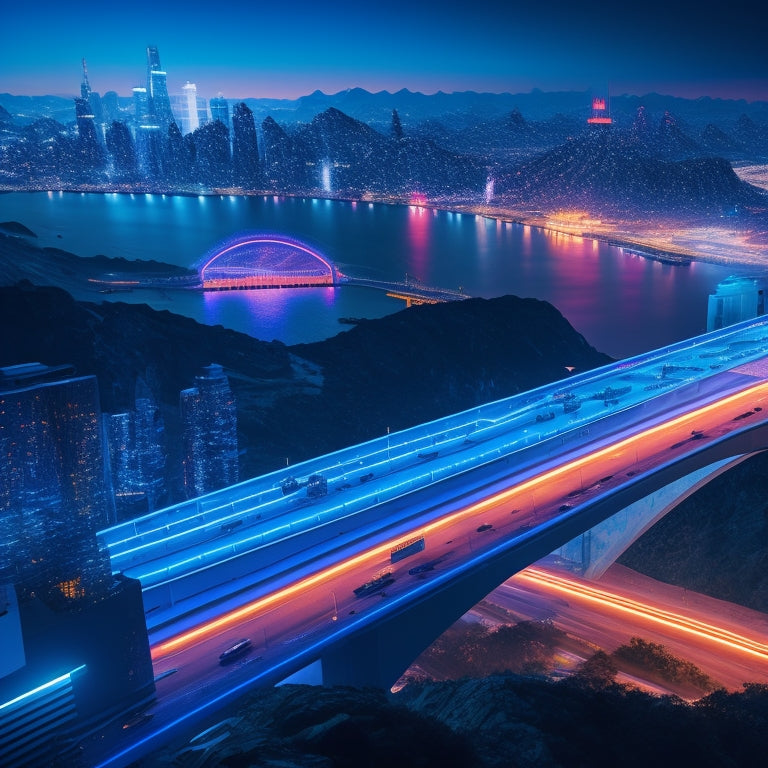 A futuristic cityscape with a large, glowing bridge connecting two cliffside skyscrapers, surrounded by coding symbols, laptops, and smartphones, set against a vibrant, neon-lit night sky.