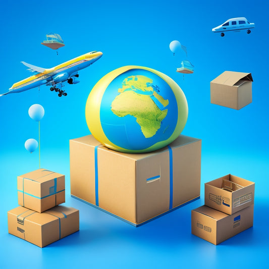 A stylized illustration of a cardboard box with a shipping label, surrounded by e-commerce icons (e.g. shopping cart, tablet, globe), with arrows and lines connecting them, set against a bright blue background.