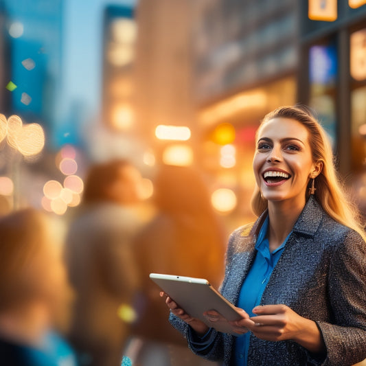 A smiling customer holding a tablet, surrounded by floating digital icons of rewards (badges, trophies, and confetti), with a cityscape or storefront blurred in the background, symbolizing loyalty and exclusivity.