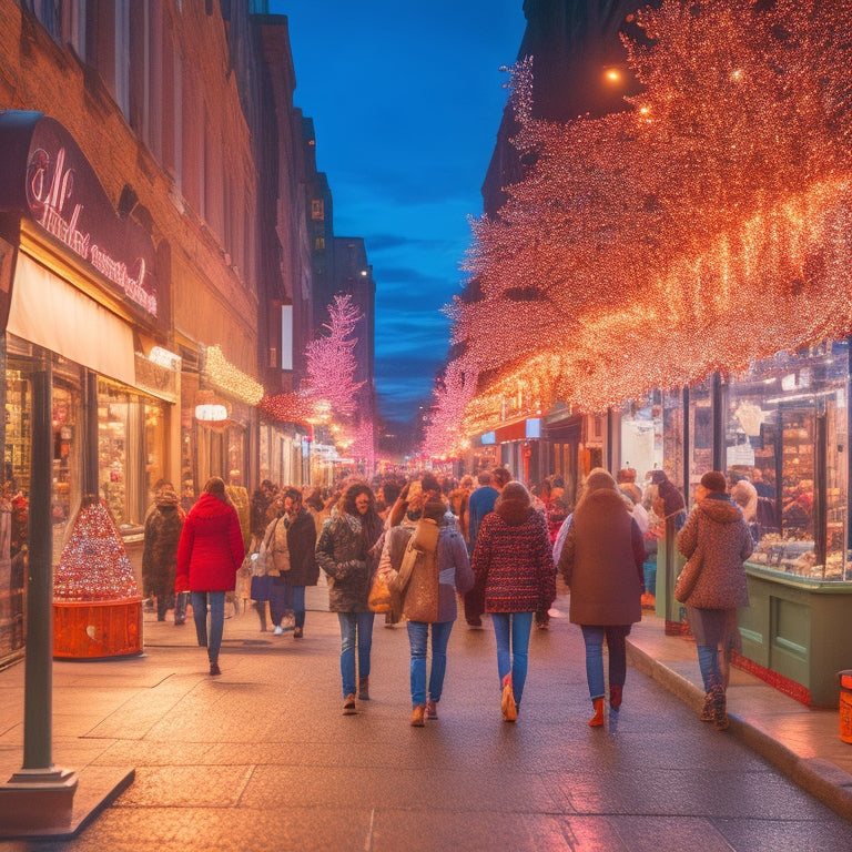 A bustling shopping street at dusk with twinkling holiday lights, crowded sidewalks, and storefronts adorned with festive decorations, showcasing a mix of busy shoppers and joyful window displays.