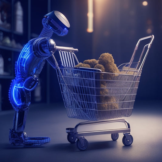 A futuristic, sleek robot arm grasping a WooCommerce shopping cart, with AWeber's logo emblazoned on its metallic arm, surrounded by swirling lines of code and sparkling digital connections.