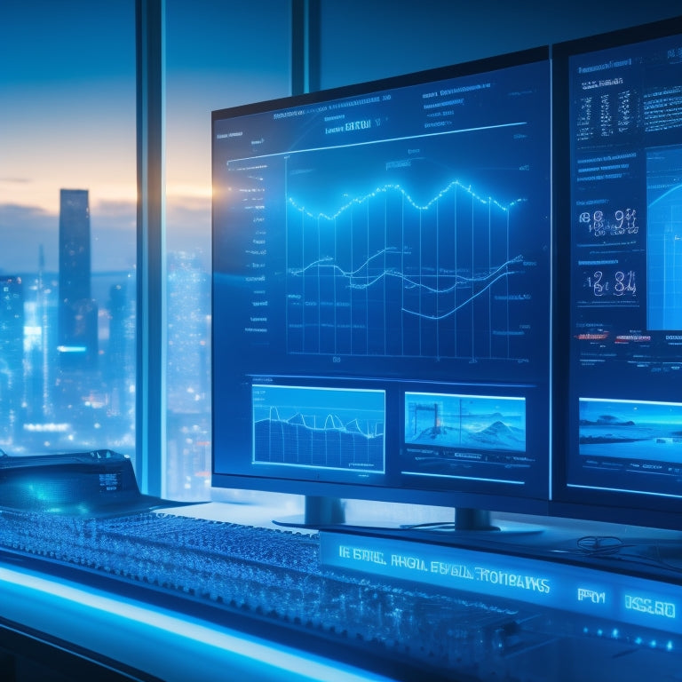 A futuristic dashboard with glowing blue circuits, surrounded by floating screens displaying graphs, charts, and technical diagrams, with a subtle cityscape in the background, symbolizing digital solutions.