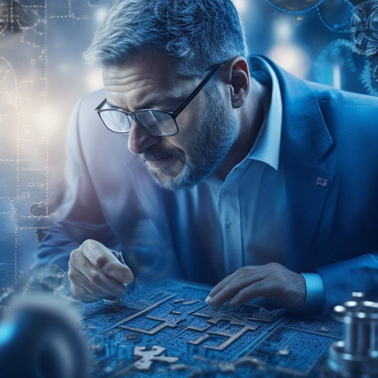 An illustration of a person surrounded by puzzle pieces, with some fitting together and others overlapping, amidst a subtle background of gears and circuits, conveying digital solutions to customer pain points.